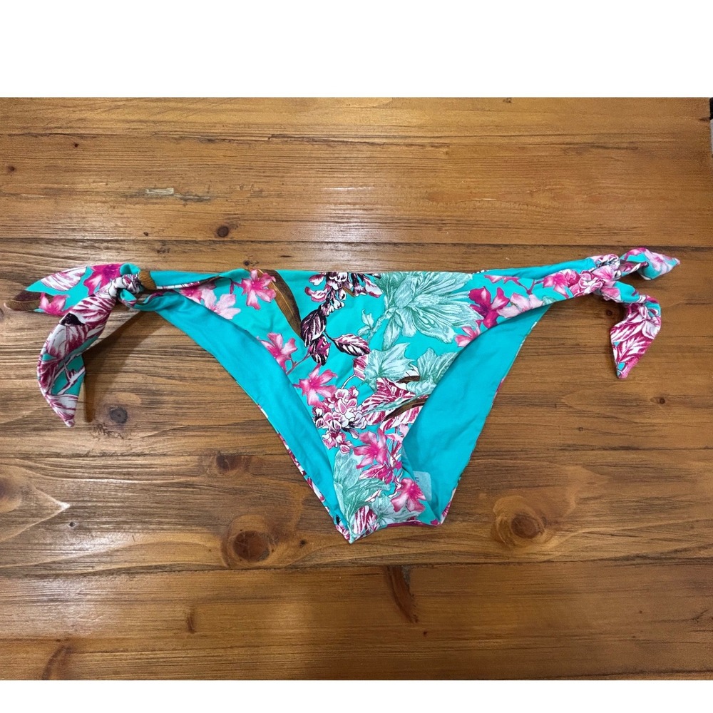 Miss Bikini Luxe Womens Turquoise Floral Side Tie Bikini Bottoms Size L NWOT